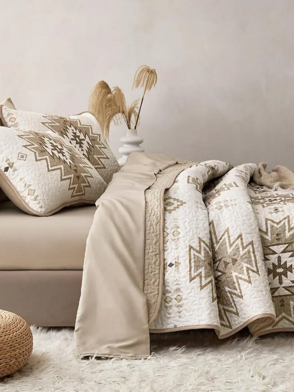 Southwestern Beige Aztec Farmhouse Quilt Set